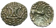 Celtic Coins Britain, East Anglian Region. Iceni. Antedios. Ca. A.D. 10-30(?). AR 1/2 unit (15 mm, 0.99 g). Antedios Ant-D Bar type. Double crescent emblem on vertical wreath / (ANT)D below, horse wit
