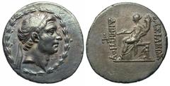 Greek Coins Seleukid Kingdom. Demetrios I Soter. 162-150 B.C. AR tetradrachm (30 mm, 16.71 g, 12 h). Antioch on the Orontes, 162-155/4 B.C. Diademed head of Demetrios I right, within laurel wreath / Β