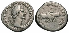 Roman Imperial Coins Nerva. A.D. 96-98. AR denarius (18 mm, 3.38 g, 6 h). Rome, A.D. 97. IMP NERVA CAES AVG P M TR P COS III P P, laureate head of Nerva right / [C]ON[CORDIA E]XERCITVVM, clasped hands