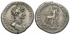 Roman Imperial Coins Hadrian. A.D. 117-138. AR denarius (19 mm, 3.09 g, 7 h). Rome, A.D. 117. IMP CAES TRAIAN HADRIANO AVG DIVI TRA, laureate bust of Hadrian right, drapery on far shoulder / PARTH F D