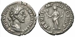 Roman Imperial Coins Commodus. A.D. 177-192. AR denarius (18 mm, 3.47 g, 6 h). Rome, A.D. 181. M ANTONINVS COMMODVS AVG, laureate head of Commodus right / TR P VI I-MP IIII COS III P P, Felicitas stan