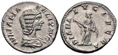 Roman Imperial Coins Julia Domna. Augusta, A.D. 193-217. AR denarius (19 mm, 2.68 g, 7 h). Rome, under Caracalla, A.D. 211-215. IVLIA PIA FELIX AVG, draped bust of Julia Domna right / DIANA LVCIFERA, 
