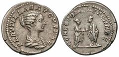 Roman Imperial Coins Plautilla. Augusta, A.D. 202-205. AR denarius (18 mm, 3.01 g, 1 h). Rome, under Septimius Severus jointly with Caracalla, A.D. 202. PLAVTILLAE AVGVSTAE, draped bust of Plautilla r