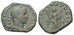Roman Imperial Coins Volusian. A.D. 251-253. Æ sestertius (28 mm, 14.79 g, 1 h). Rome. Laureate, draped and cuirassed bust of Volusian right / Felicitas standing facing, head left, leaning against col