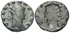 Roman Imperial Coins Gallienus. A.D. 253-268. Æ antoninianus (20 mm, 3.42 g). Rome. GALLIENVS AVG, radiate head of Gallienus right / Incuse of obverse. Dark green patina. Bold brockage strike. Very fi