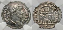 Roman Imperial Coins Galerius. As Caesar, A.D. 293-305. AR argenteus (18 mm, 3.11 g, 6 h). Rome, ca. A.D. 294. MAXIMIA-NVS CAES, laureate head of Galerius right / VIRTVS MILITVM, the four tetrarchs sa