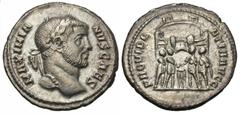 Roman Imperial Coins Galerius. As Caesar, A.D. 293-305. AR argenteus (18 mm, 3.14 g, 6 h). Rome, A.D. 294. MAXIMIA-NVS CAES, laureate head of Galerius right / PROVIDE-NTIA AVGG, the four Tetrarchs sac
