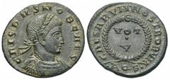 Roman Imperial Coins Crispus. Caesar, A.D. 317-326. Æ follis (18 mm, 2.69 g, 6 h). Aquileia, A.D. 321. CRISPVS NOB CAES, laureate, draped and cuirassed bust of Crispus right / CAESARVM NOSTRORVM aroun
