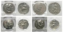 Group Lots [Greek]. Lot of four Macedonian AR tetradrachms and drachms, all certified. Includes: Alexander III. Tetradrachm. NGC F // Philip III. Tetradrachm. NGC Ch F // Philip III. Drachm. NGC F (2 