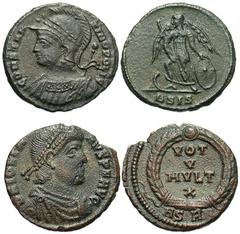 Group Lots [Roman Imperial]. Lot of two late Roman Æ. Inlcudes: Constantinopolis. Siscia // Jovian. Sirmium. Both coins VF. LOT SOLD AS-IS, RETURNS NOT PERMITTED.