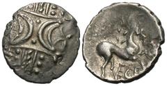 Celtic Coins Britain, East Anglian Region. Iceni. Early uninscribed issues. Mid-1st century B.C. AR unit (13 mm, 1.23 g). Ecen Stepping Horse type. Double crescent emblem on vertical wreath / ECE belo