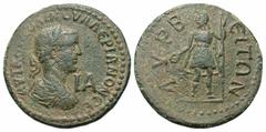 Roman Provincial Coins Cilicia, Lyrbe. Valerian I. A.D. 253-260. Æ 11 assaria (31 mm, 16.21 g, 6 h). Laureate, draped and cuirassed bust of Valerian I right; IA before / Apollo Sidetes standing facing