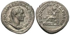 Roman Imperial Coins Macrinus. A.D. 217-218. AR denarius (18 mm, 3.08 g, 12 h). Rome. IMP C M OPEL SEV MACRINVS AVG, laureate and cuirassed bust of Macrinus right / SECVRITAS TEMPORVM, Securitas seate