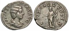 Roman Imperial Coins Julia Soaemias. Augusta, A.D. 218-222. AR denarius (19 mm, 3.08 g, 6 h). Rome, under Elagabalus, A.D. 220-222. IVLIA SOAEMIAS AVG, draped bust of Julia Soaemias right / VENVS CAEL