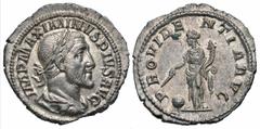 Roman Imperial Coins Maximinus I 'Thrax'. A.D. 235-238. AR denarius (20 mm, 2.99 g, 7 h). Rome, A.D. 235. IMP MAXIMINVS PIVS AVG, laureate, draped and cuirassed bust of Maximinus I right / P-ROVIDE-NT