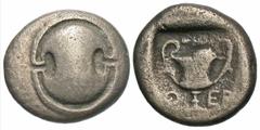 Greek Coins Boiotia, Thebes. Ca. 425-375 B.C. AR hemidrachm (12 mm, 2.40 g). Boiotian shield / Θ-ΕΒ, kantharos; above, club right; all within incuse square. BCD Boiotia 408; HGC 4, 1348. Toned. Nearly