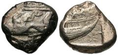 Greek Coins Lycia, Phaselis. Ca. 500-440 B.C. AR stater (18 mm, 11.01 g, 6 h). Galley prow left, terminating in boar forepart / ΦAΣ, galley stern left. SNG Copenhagen 120-1. Fine.
