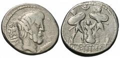 Roman Republican Coins L. Titurius L.f. Sabinus. 89 B.C. AR denarius (19 mm, 3.98 g, 7 h). Rome. SABIN behind, bareheaded and bearded head of King Tatius right; palm below chin / L · TITVRI in exergue