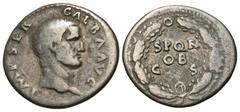 Roman Imperial Coins Galba. A.D. 68-69. AR denarius (19 mm, 3.31 g, 6 h). Rome, A.D. 68. IMP SER GALBA AVG, laureate head of Galba / S P Q R/OB/CS in three lines within oak wreath. RIC 170 corr. (laur