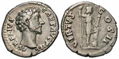 Roman Imperial Coins Marcus Aurelius. As Caesar, A.D. 139-161. AR denarius (17 mm, 3.46 g, 6 h). Rome, under Antoninus Pius, A.D. 159. AVRELIVS CAES AVG PII F, bare head of Marcus Aurelius right / VIR