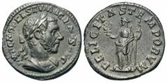 Roman Imperial Coins Macrinus. A.D. 217-218. Æ 'limes' denarius (17 mm, 2.18 g, 6 h). Copying Rome. IMP C FVL MACRIANVS P F AVG, laureate and cuirassed bust of Macrinus right / FELICITAS TEMPORVM, Fel