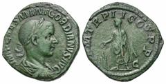 Roman Imperial Coins Gordian III. A.D. 238-244. Æ sestertius (30 mm, 20.23 g, 1 h). Rome, A.D. 240. IMP CAES M ANT GORDIANVS AVG, laureate, draped and cuirassed bust of Gordian III right / P M TR P II