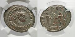 Roman Imperial Coins Carinus. A.D. 283-285. Æ antoninianus (23 mm, 12 h). Antioch. IMP C M AVR CARINVS P F AVG, radiate and cuirassed bust of Carinus right / VIRTVS AVGG, emperor facing, head right, h