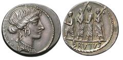 Roman Republican Coins M. Junius Brutus (Q. Servilius Caepio Brutus). 54 B.C. Fourrée denarius (18 mm, 2.97 g, 12 h). Rome. LIBERTAS behind, head of Libertas right, jewels in hair above forehead / BRV