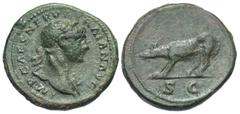 Roman Imperial Coins Trajan. A.D. 98-117. Æ quadrans (11 mm, 3.02 g, 3 h). Rome, ca. A.D. 109. IMP CAES NERVA TRAIAN AVG, laureate head of Trajan right / S C, Wolf at bay left. RIC 694; Woytek 600b. D
