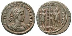 Roman Imperial Coins Constantius II. As Caesar, A.D. 324-337. Æ follis (17 mm, 2.86 g, 11 h). Treveri, A.D. 332-333. FL IVL CONSTANTIVS NOB C, laureate and cuirassed bust of Constantius II right / [GL