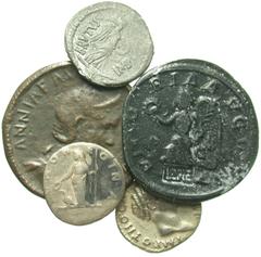 Group Lots [Modern Copies]. Lot of five copies of Roman coins. Includes "denarii" of Brutus, Otho, and Manlia Scantilla, and "sestertii" of Annia Faustina and Severus Alexander. Fine to VF, all patent