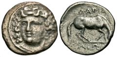 Greek Coins Thessaly, Larissa. Ca. 356-342 B.C. AR drachm (18 mm, 5.24 g, 6 h). Head of the nymph Larissa facing slightly left, hair bound with ampyx, wearing necklace / ΛAPIΣ-AIΩN, horse standing rig