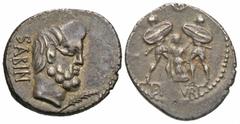 Roman Republican Coins L. Titurius L.f. Sabinus. 89 B.C. AR denarius (19 mm, 3.75 g, 5 h). Rome. SABIN behind, bare head of King Tatius right; below chin, palm branch / L · T[IT]VRI in exergue, Tarpei