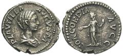Roman Imperial Coins Plautilla. Augusta, A.D. 202-205. AR denarius (18 mm, 2.59 g, 11 h). Rome, under Septimius Severus and Caracalla, A.D. 202/3. PLAVTILLA AVGVSTA, draped bust of Plautilla right / C