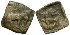 Ancient Indian Coins A.D. 50-100. Æ coin (18 mm, 2.2 g). Elephant standing right, with sacred umbrella on its back / Tiger standing left, with one paw raised. Krishnamurthy, Sangam Age Tamil Coins, 20