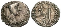 Ancient Indian Coins Nahapana. A.D. 53-99. AR drachm (18 mm, 2.23 g). King's bust right, with Greek legend around / Stylized thunderbolt and arrow, with Brahmi legend Rajno Kshaharatasa Napanasa on le