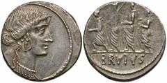 Roman Republican Coins M. Junius Brutus (Q. Servilius Caepio Brutus). 54 B.C. AR denarius (18 mm, 3.95 g, 3 h). Rome. [LIBERTAS], head of Libertas right, jewels in hair above forehead / BRVTVS, the co