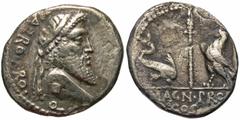 Roman Imperatorial Coins Cn. Pompeius Magnus. 48 B.C. AR denarius (17 mm, 3.58 g, 5 h). Uncertain Greek mint. Terentius Varro, proquaestor. VARRO · PRO · Q, diademed terminal bust of Jupiter Terminus 
