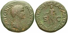 Roman Imperial Coins Antonia Minor. Augusta, A.D. 37 and 41. Æ dupondius (29 mm, 20.9 g, 7 h). Rome, under Claudius, A.D. 42/3. ANTONIA AVGVSTA, draped bust of Antonia right / TI CLAVDIVS CAESAR AVG P