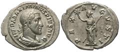 Roman Imperial Coins Maximinus I 'Thrax'. A.D. 235-238. AR denarius (22 mm, 2.42 g, 6 h). Rome, A.D. 236. IMP MAXIMINVS PIVS AVG, laureate, draped and cuirassed bust of Maximinus I right / PAX AVGVSTI