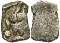 Ancient Indian Coins Ca. 500-350 B.C. AR 1/2 karshapana (12 mm, 1.54 g). Fish left over stylized lion left; taurine symbol to left / Blank. van't Haaff, Type 2.6.2 (this coin illus.). Very rare and ch