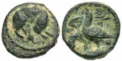 Greek Coins Sicily, Akragas. Ca. 420-400 B.C. Æ hemionkion (10 mm, 0.92 g, 3 h). Lion or hound(?) standing right, head turned to nip at uncertain object below / Pair of eagles perched left atop a dead