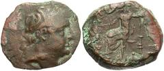 Greek Coins Seleukid Kingdom. Demetrios II Nikator. First reign, 146-138 B.C. Æ (19 mm, 6.10 g, 1 h). Uncertain mint in Syria or Phoenicia. Diademed head of Demetrios II right / Zeus seated left, hold