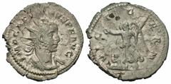 Roman Imperial Coins Gallienus. A.D. 253-268. AR antoninianus (22 mm, 3.12 g, 7 h). Mediolanum, A.D. 257. IMP GALLIENVS P F AVG, radiate and cuirassed bust of Gallienus right / VIC-T G-ERM, Victory ad