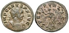 Roman Imperial Coins Carus. A.D. 282-283. Æ antoninianus (22 mm, 3.36 g, 6 h). Ticinum. IMP CARVS P F AVG, radiate and cuirassed bust of Carus right / SPES PVBLICA, Spes advancing left, holding flower