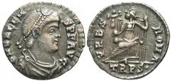 Roman Imperial Coins Valens. A.D. 364-378. AR siliqua (17 mm, 2.12 g, 6 h). Treveri, A.D. 367-375. D N VALEN-S P F AVG, diademed, draped, and cuirassed bust of Valens right / VRBS ROMA, Roma seated le