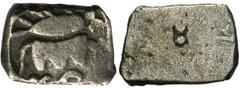 Ancient Indian Coins India, Surasena janapada. Ca. 500-350 B.C. AR 1/2 karshapana (13 mm, 1.74 g). Fish over stylized lion right; bold taurine to right / Blank. P. Anne van't Haaff, Saurashtra Surasen