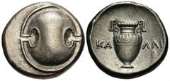 Greek Coins Boiotia, Thebes. Ca. 395-338 B.C. AR stater (21 mm, 11.97 g). Ca. 363-338 B.C. Kalli..., magistrate. Boiotian shield / Amphora; across field, magistrate's name: KA-ΛΛI. BCD 523; Hepworth 1