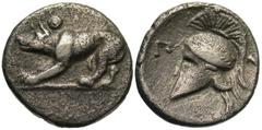 Greek Coins Argolis, Argos. Ca. 270-260/50 B.C. AR trihemiobol (11 mm, 1.00 g, 8 h). Wolf at bay left; above, Θ / Crested Corinthian helmet left; across field, Π-Y. BCD Peloponnesos 1114-5; SNG Copenh