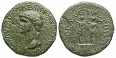 Roman Provincial Coins Macedonia, Philippi. Claudius. A.D. 41-54. Æ (28 mm, 11.2 g, 5 h). TI CLAVDIVS CAESAR AVG PM TR P IMP, bare head of Claudius left / COL AVG IVL PHILIP, statues of Julius Caesar 